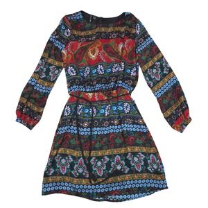 MNG Collection Mango Womens XS Paisley Floral Boho Mini Dress Long Sleeve Belted